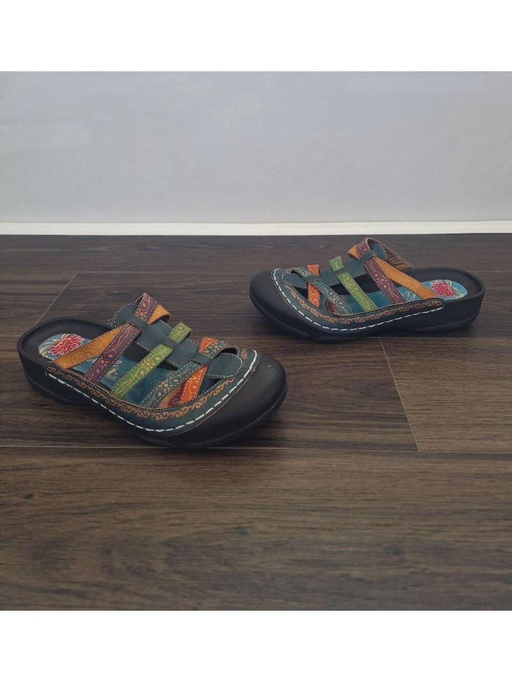 💙 Elite by Corkys Multicolor Leather Clog Mule Slides Size 8 Comfort Boho Artis
